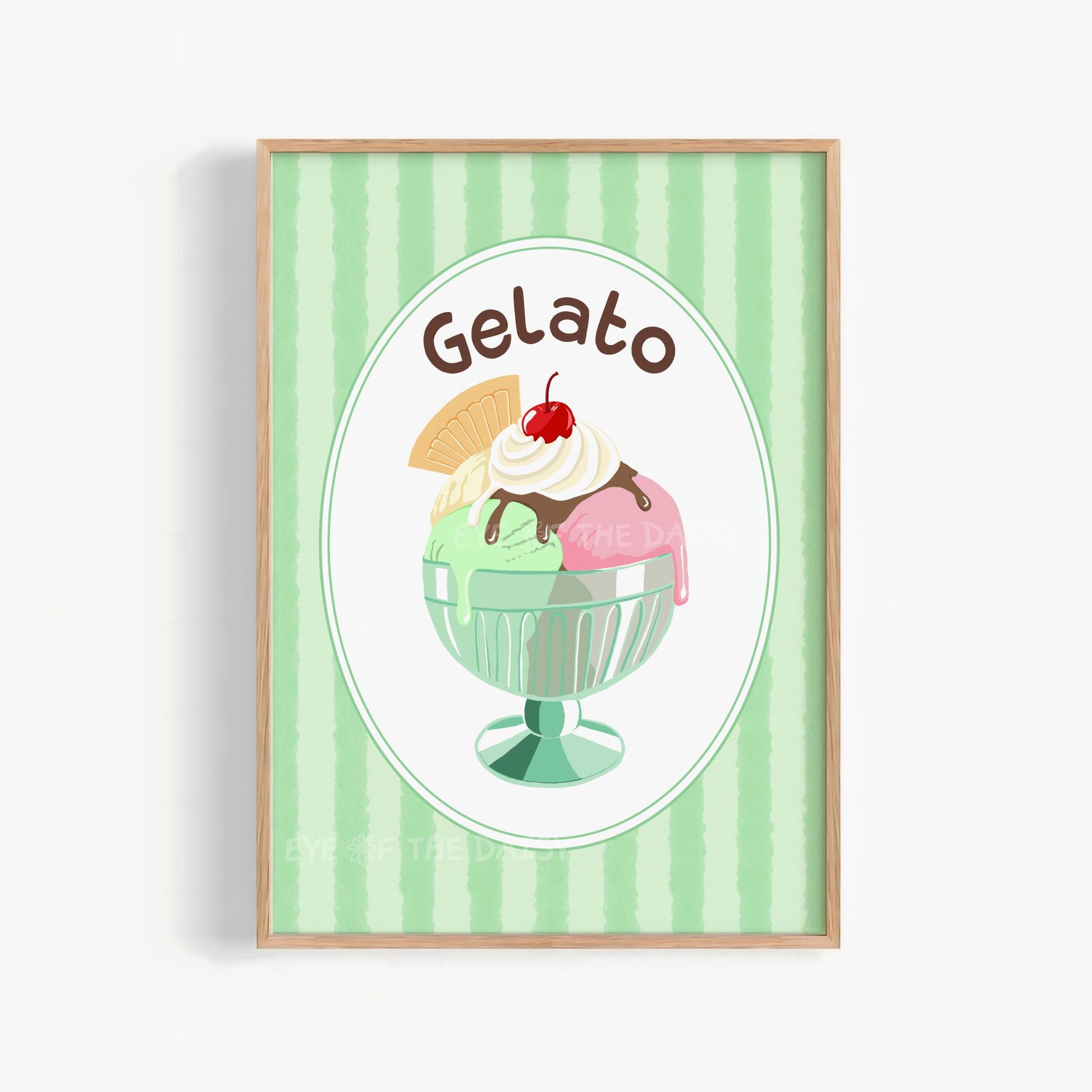 Wall art print of a gelato ice cream sundae with 'Gelato' text on a pastel green striped background