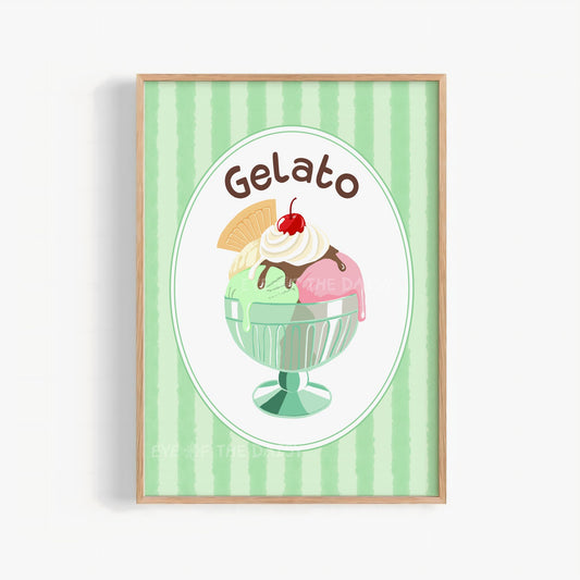 Wall art print of a gelato ice cream sundae with 'Gelato' text on a pastel green striped background