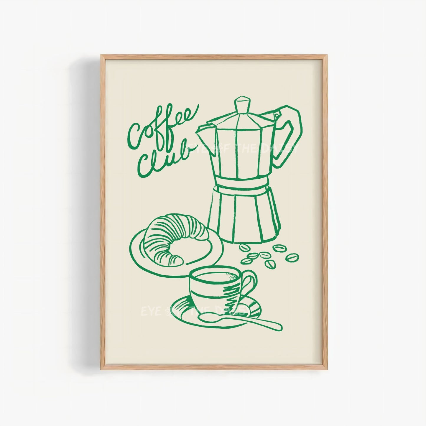 Coffee Club print with green line drawing of a coffee Moka pot, coffee cup, and croissant on beige, perfect coffee lover gift