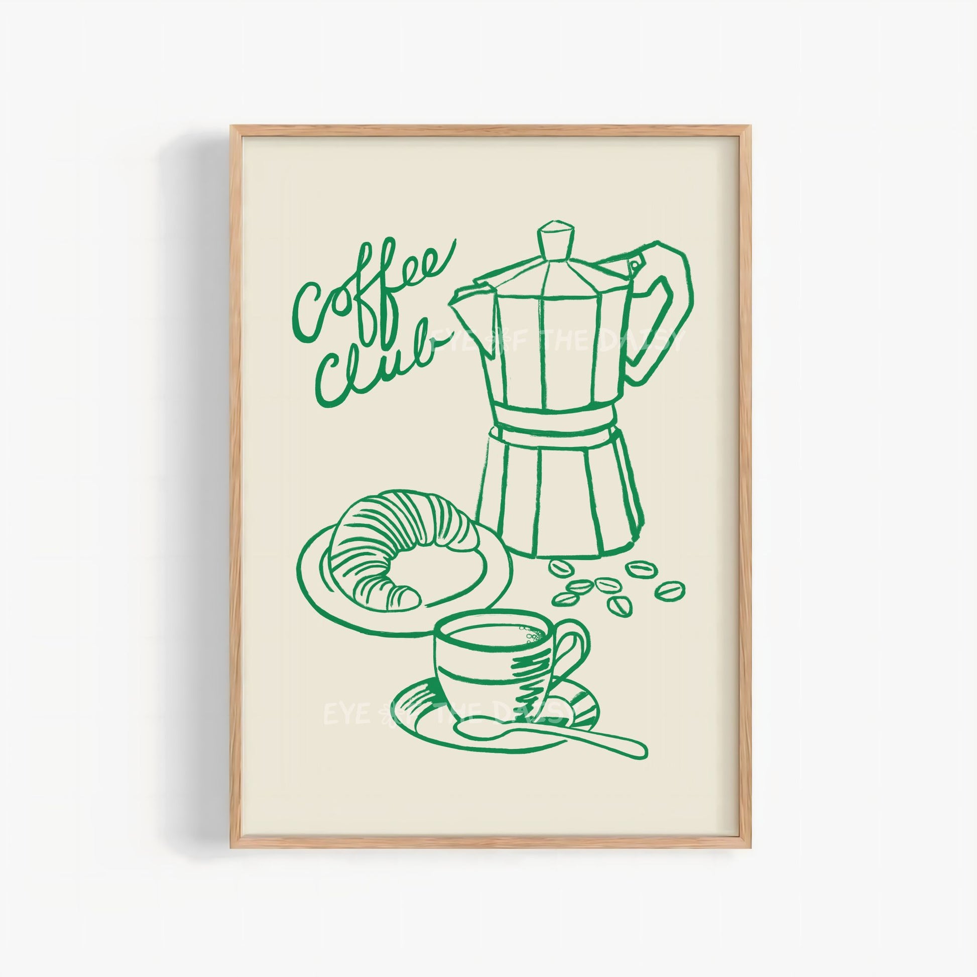 Coffee Club print with green line drawing of a coffee Moka pot, coffee cup, and croissant on beige, perfect coffee lover gift