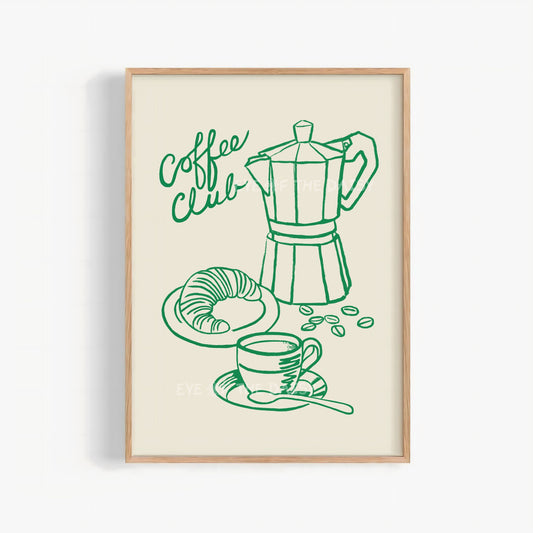 Coffee Club print with green line drawing of a coffee Moka pot, coffee cup, and croissant on beige, perfect coffee lover gift