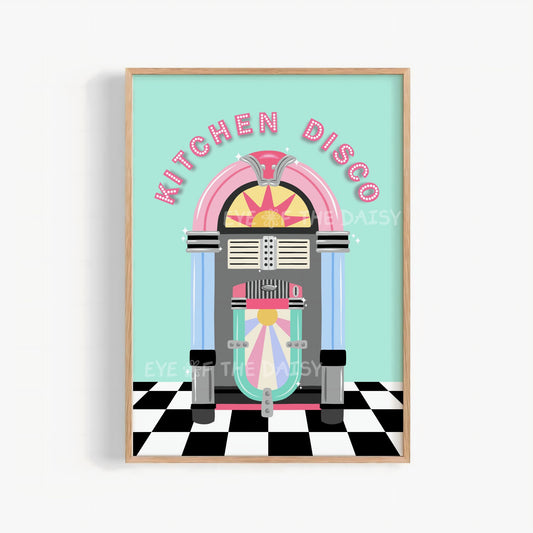 Kitchen Disco print, pastel retro jukebox wall art in pink, turquoise & checkerboard, printable poster for fun kitchen decor