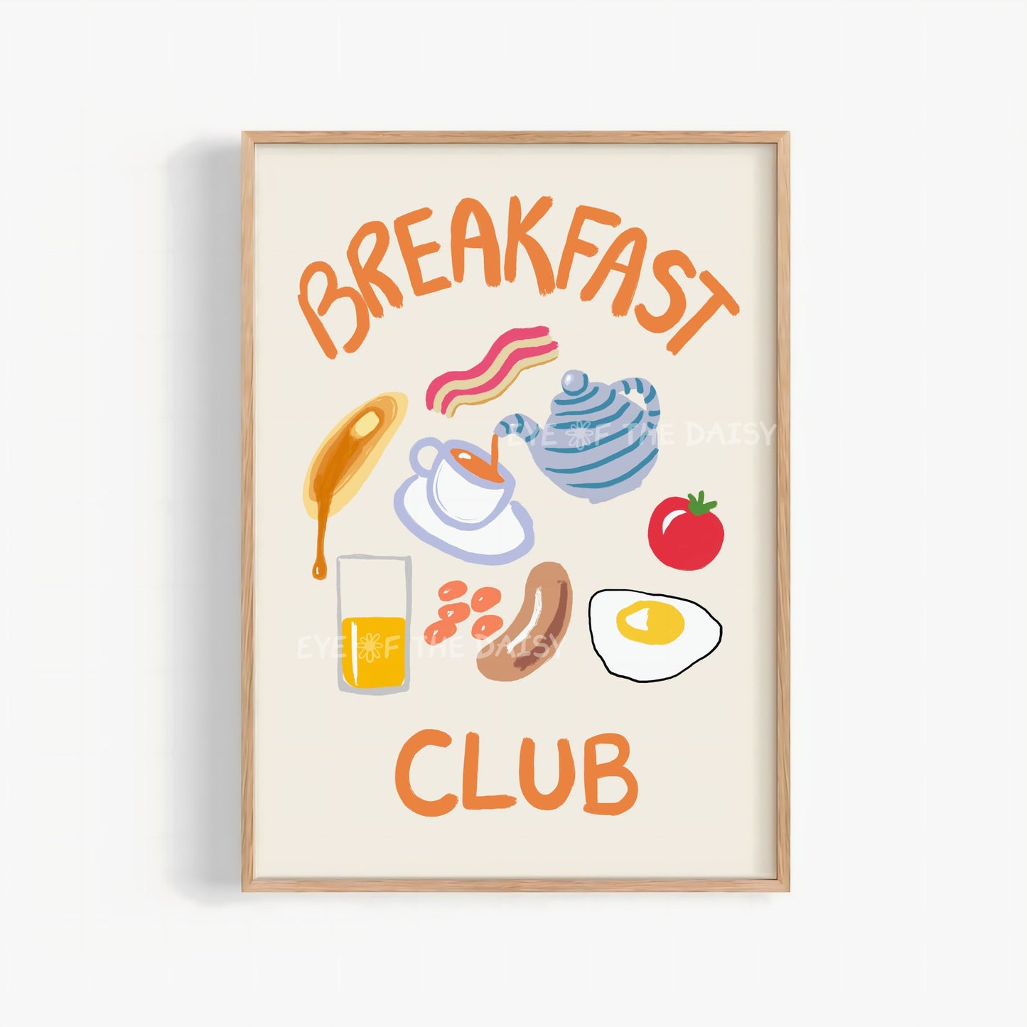 Trendy hand drawn 'Breakfast Club' print with breakfast themed illustrations - fried egg, sausage, bacon, pancake, cup of tea & teapot