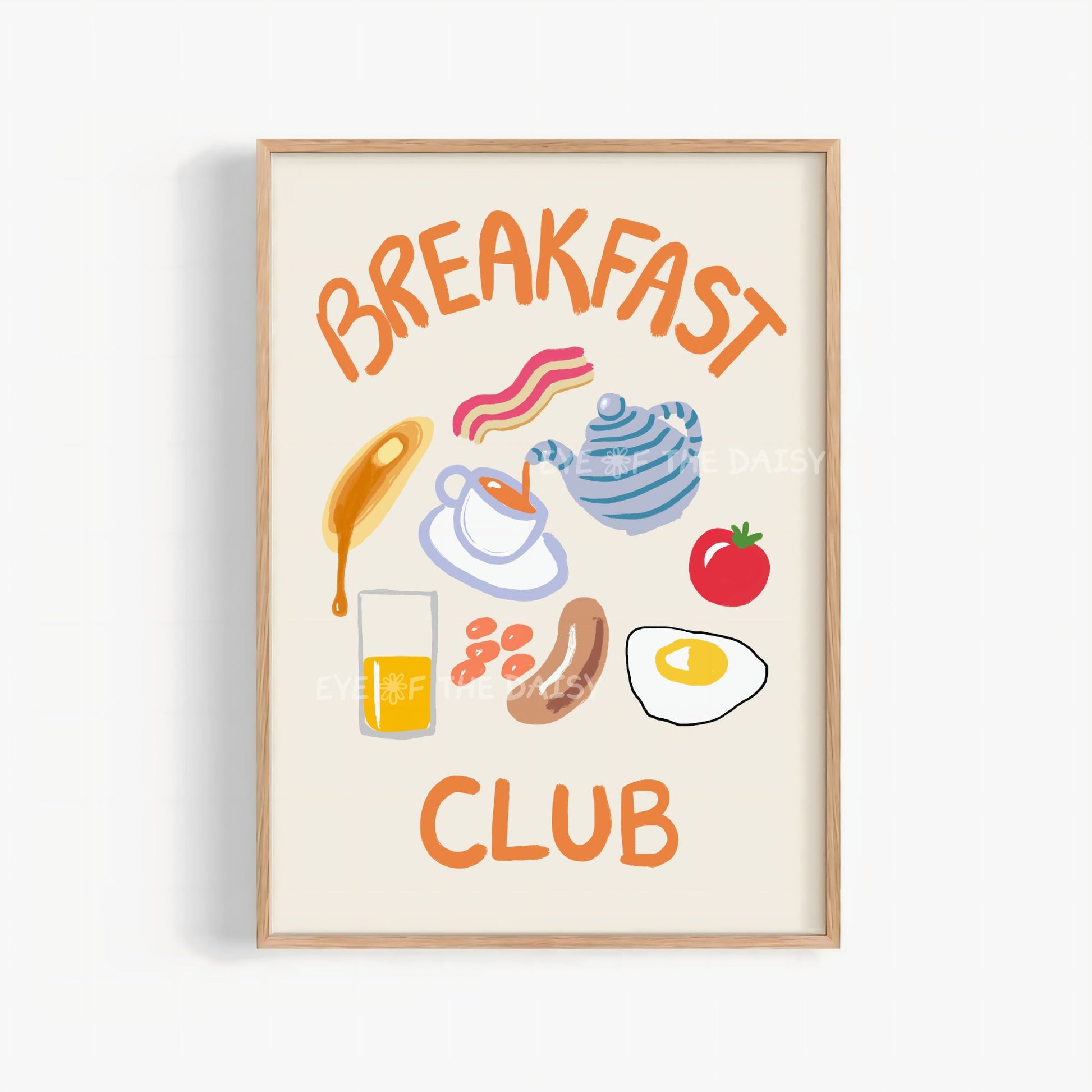 Trendy hand drawn 'Breakfast Club' print with breakfast themed illustrations - fried egg, sausage, bacon, pancake, cup of tea & teapot