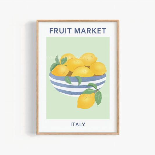 Fruit Market Italy lemon wall art print — pastel green abstract fruit poster for instant download, modern kitchen or gallery wall decor