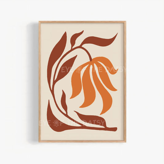 burnt orange terracotta botanical print digital download, warm modern boho wall art for living room decor