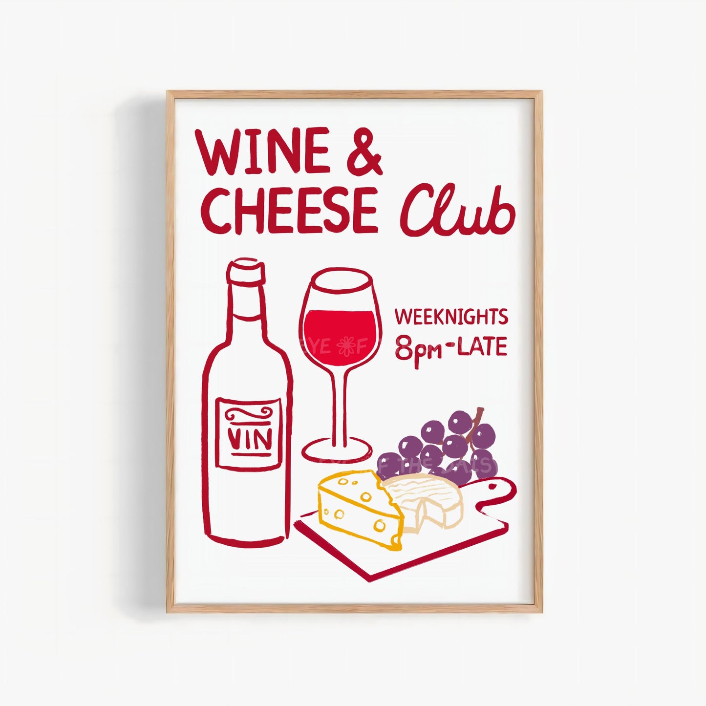'Wine & Cheese Club' print with hand drawn cheese and wine illustration, trendy foodie printable wall art great for a trendy kitchen