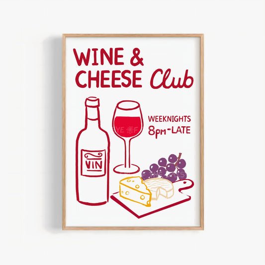 'Wine & Cheese Club' print with hand drawn cheese and wine illustration, trendy foodie printable wall art great for a trendy kitchen