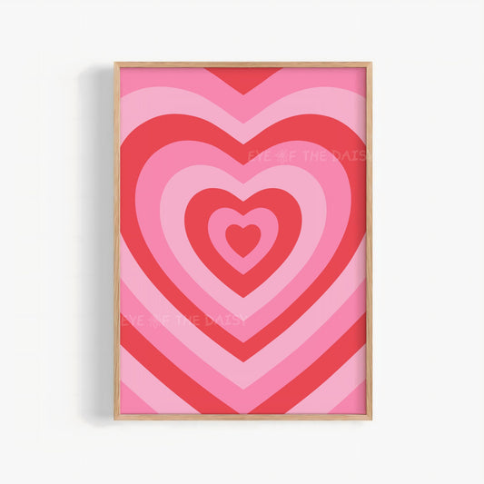 Retro heart printable wall art in red and pink, trendy and funky print digital download for dorms or bedrooms