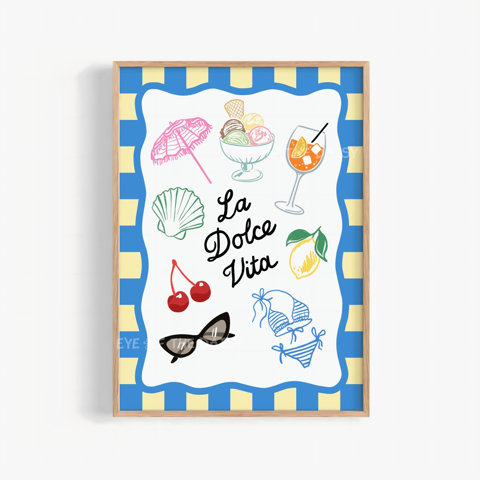 La Dolce Vita print digital download – multicolour sketch of Italian summer icons like spritz, gelato and bikini with checkerboard border