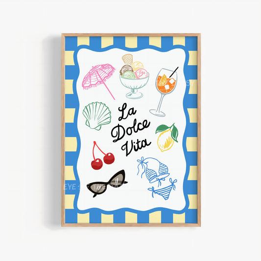 La Dolce Vita print digital download – multicolour sketch of Italian summer icons like spritz, gelato and bikini with checkerboard border