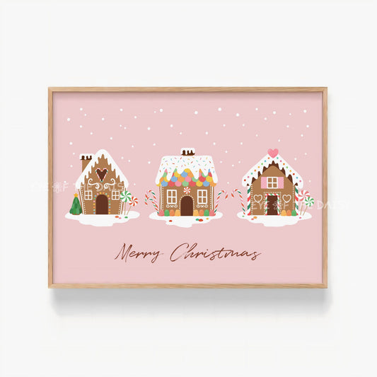 Pink Gingerbread House Print Digital Download | Cute Horizontal Christmas Printable Wall Art
