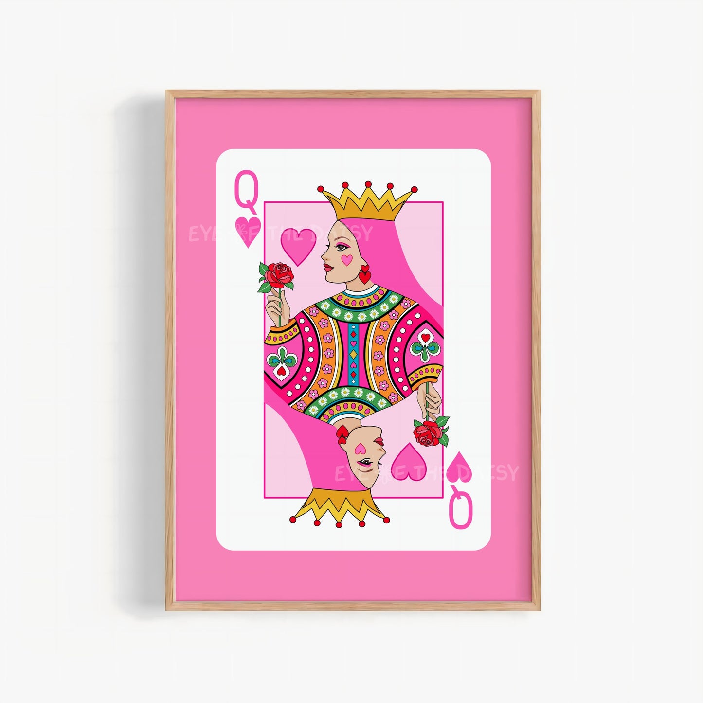 Queen of Hearts poster printable – hot pink playing card illustration, digital art print download for modern girly wall decor