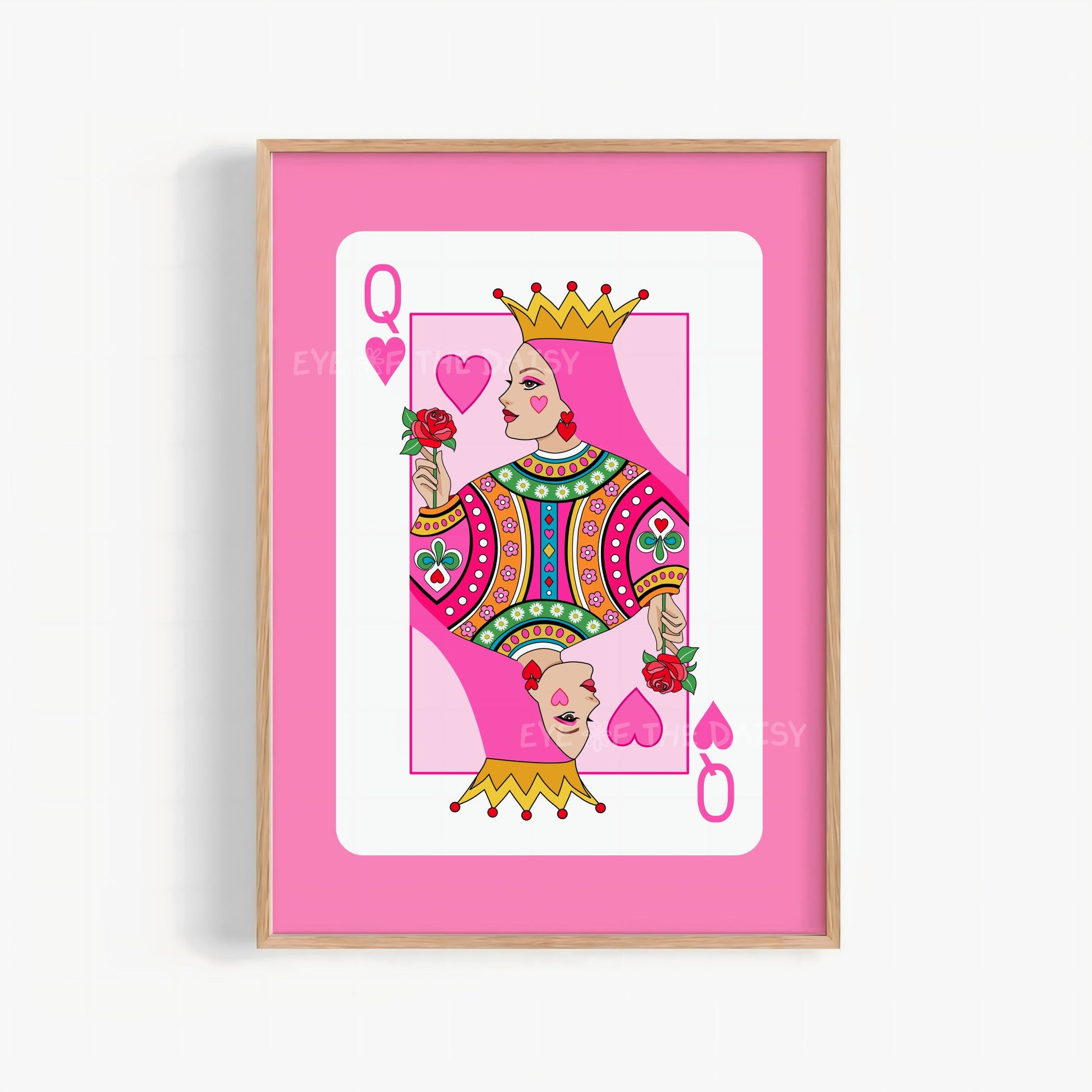 Queen of Hearts poster printable – hot pink playing card illustration, digital art print download for modern girly wall decor
