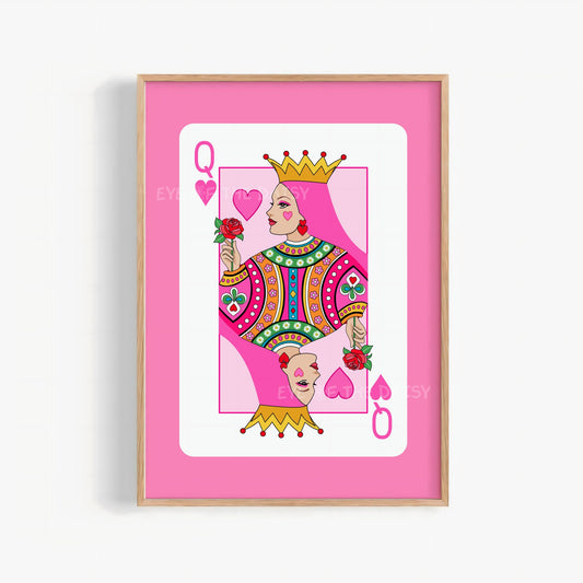 Queen of Hearts poster printable – hot pink playing card illustration, digital art print download for modern girly wall decor