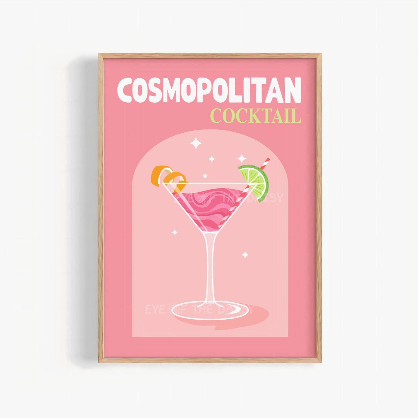 Trendy pink Cosmopolitan cocktail wall art – retro printable drink poster, vibrant girly downloadable print for bar cart or bedroom decor