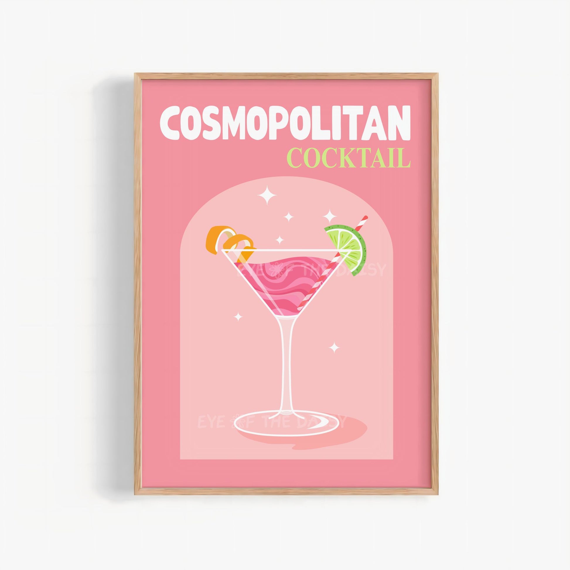 Trendy pink Cosmopolitan cocktail wall art – retro printable drink poster, vibrant girly downloadable print for bar cart or bedroom decor