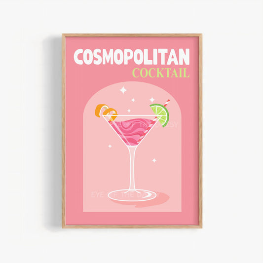 Trendy pink Cosmopolitan cocktail wall art – retro printable drink poster, vibrant girly downloadable print for bar cart or bedroom decor