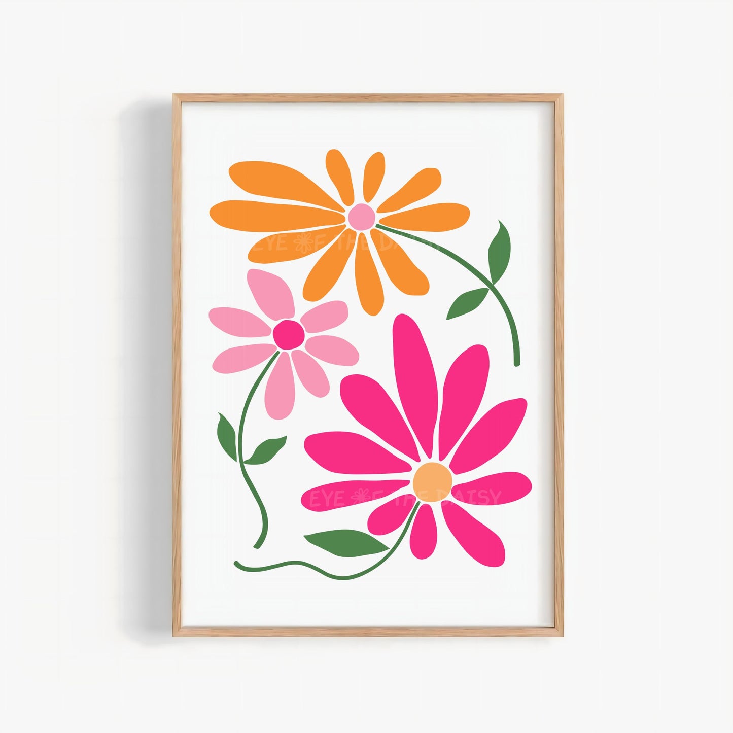 Hot pink & orange abstract daisy floral print digital download for trendy wall decor, printable poster for modern girls’ room or apartment gallery