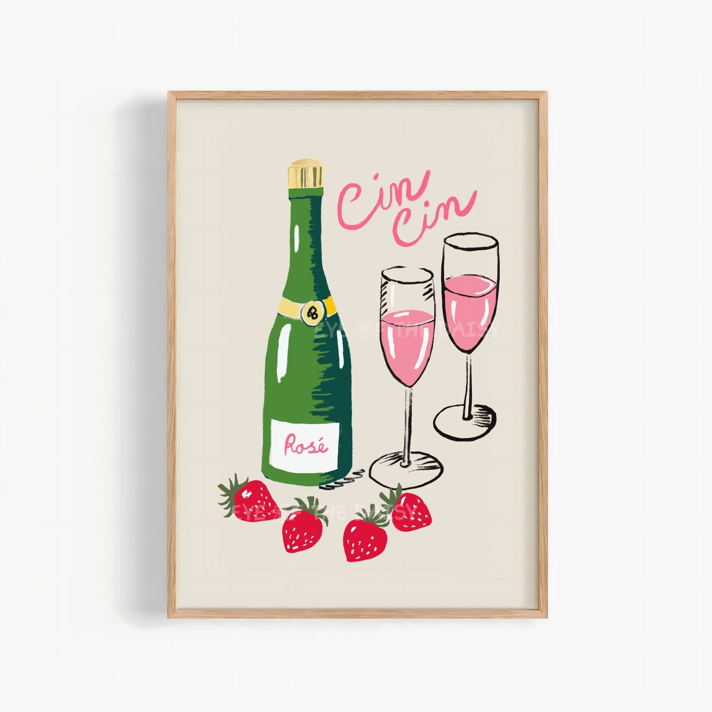 Framed art print of a trendy hand drawn bottle of Rosé, two pink glasses, and strawberries and the Italian quote "Cin Cin" on a beige background