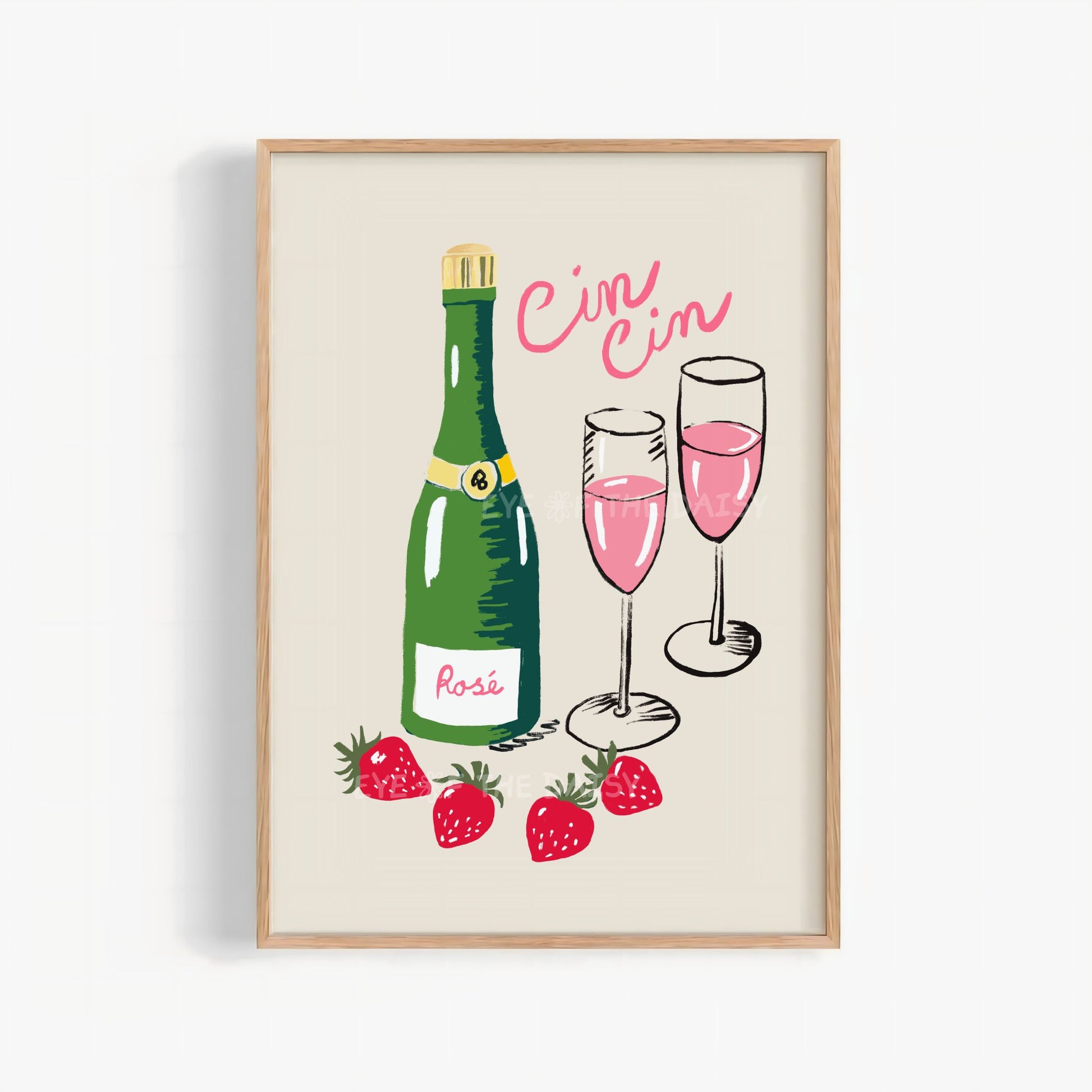 Framed art print of a trendy hand drawn bottle of Rosé, two pink glasses, and strawberries and the Italian quote "Cin Cin" on a beige background