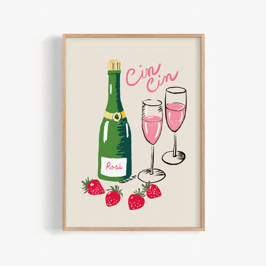 Framed art print of a trendy hand drawn bottle of Rosé, two pink glasses, and strawberries and the Italian quote "Cin Cin" on a beige background