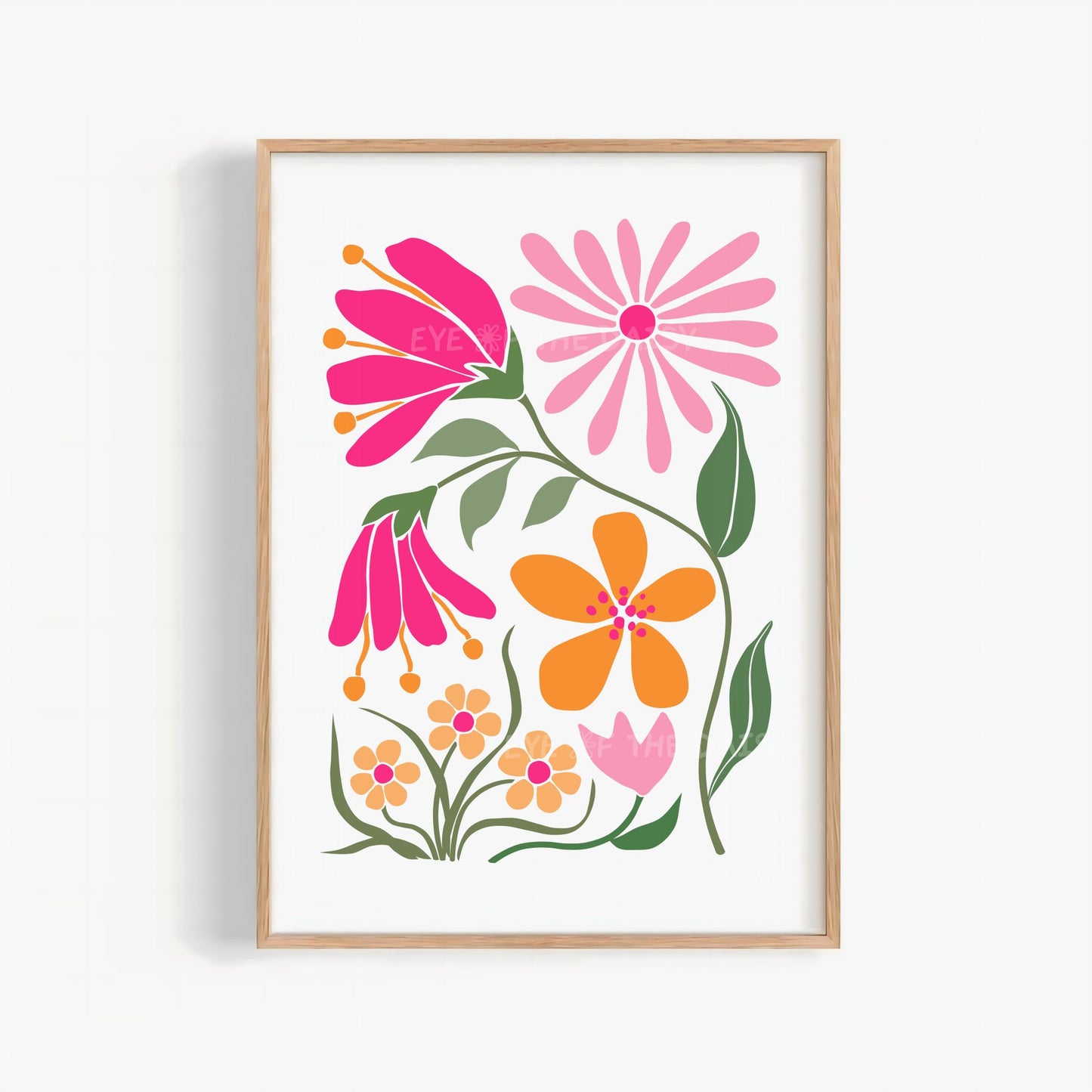 Stylized orange and pink daisy poster for trendy boho apartment, modern digital wall art print download, colorful cute floral printable