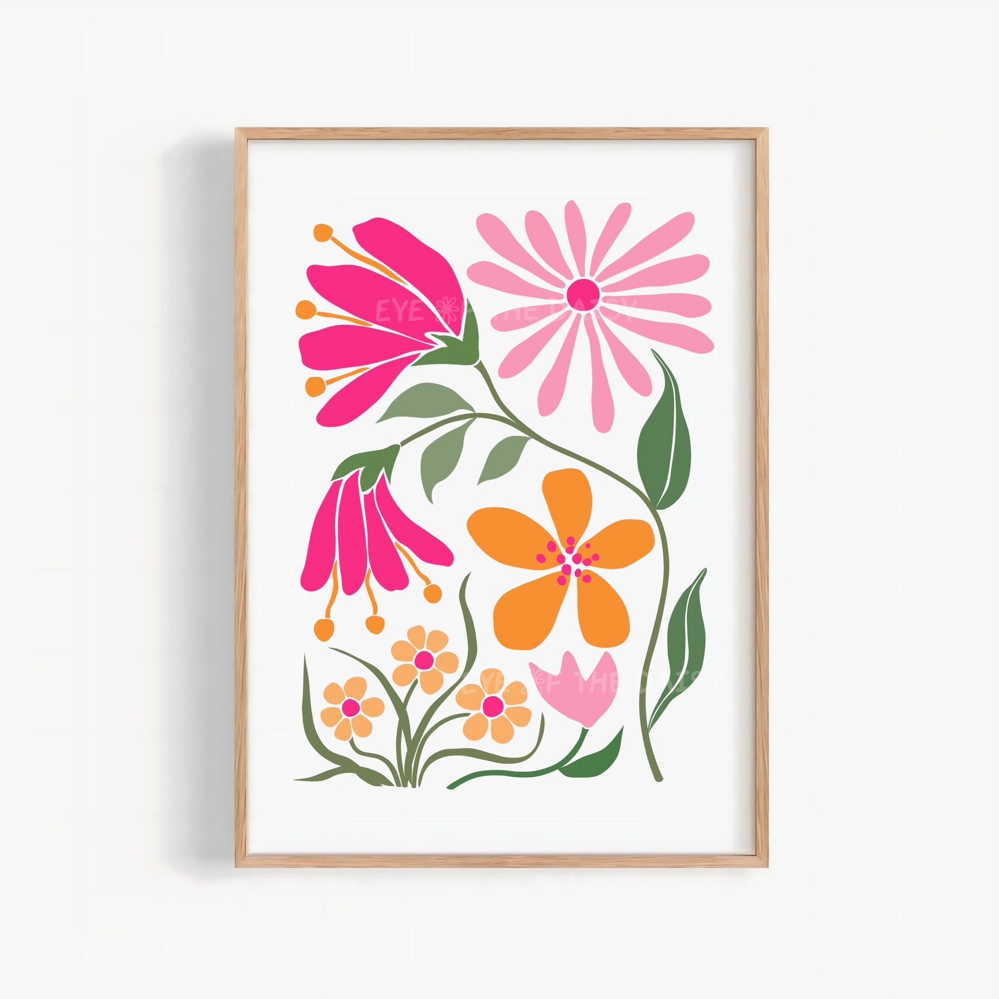Stylized orange and pink daisy poster for trendy boho apartment, modern digital wall art print download, colorful cute floral printable
