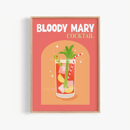 Bloody Mary cocktail print – retro digital download wall art with colourful typography, printable kitchen poster