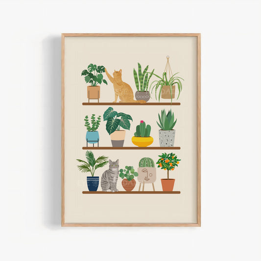 Ginger and tabby cat house plants on shelves print – whimsical digital download, colourful printable wall art for boho interiors