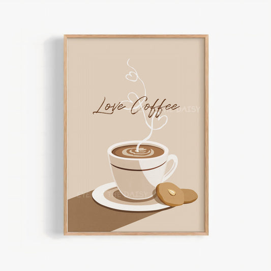 Coffee wall art print of a coffee cup and cookie illustration and 'Love Coffee' text on a beige background