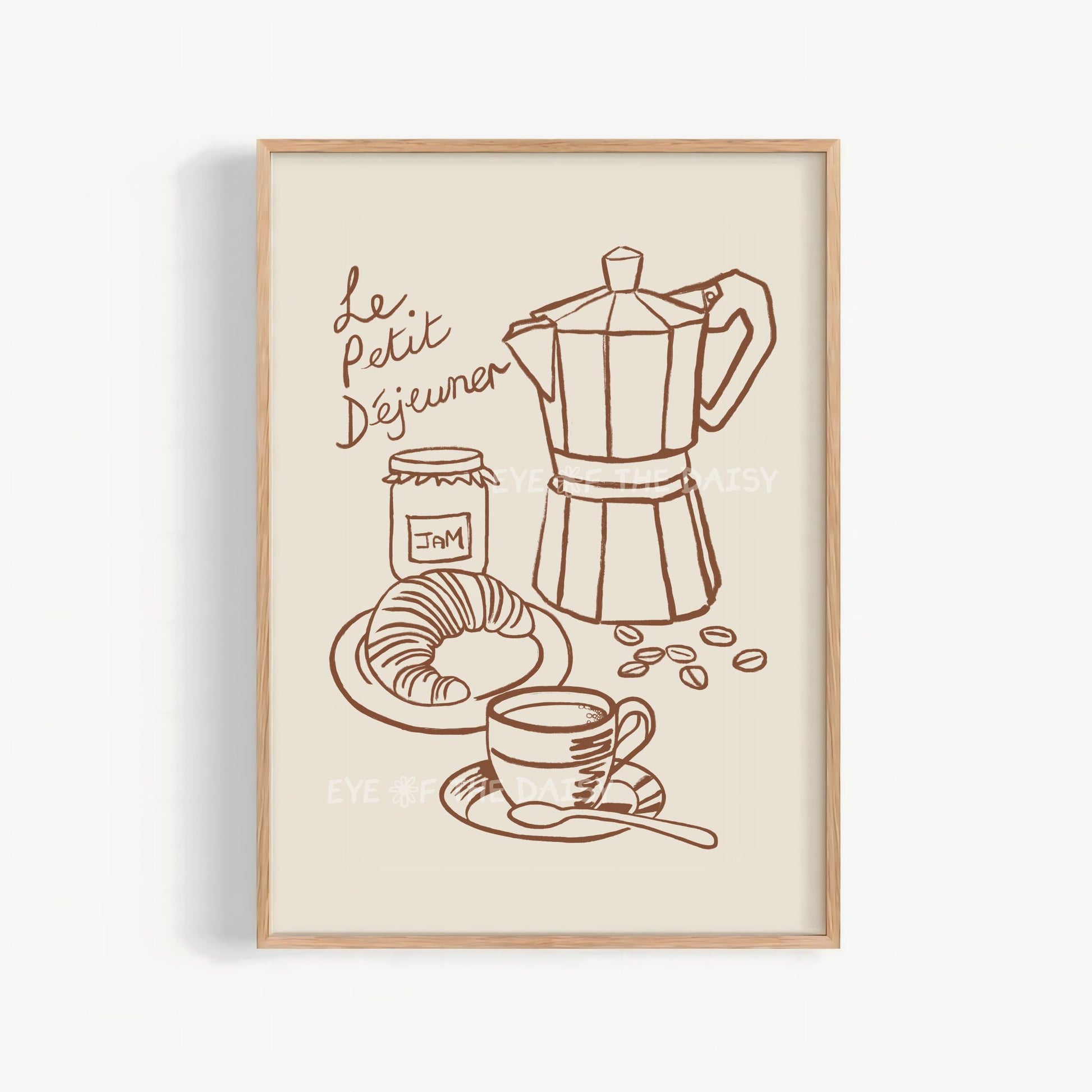 "Le Petit Dejeuner" printable wall art print of a hand drawn breakfast themed illustration with a Moka pot, coffee cup, and croissant in brown & beige