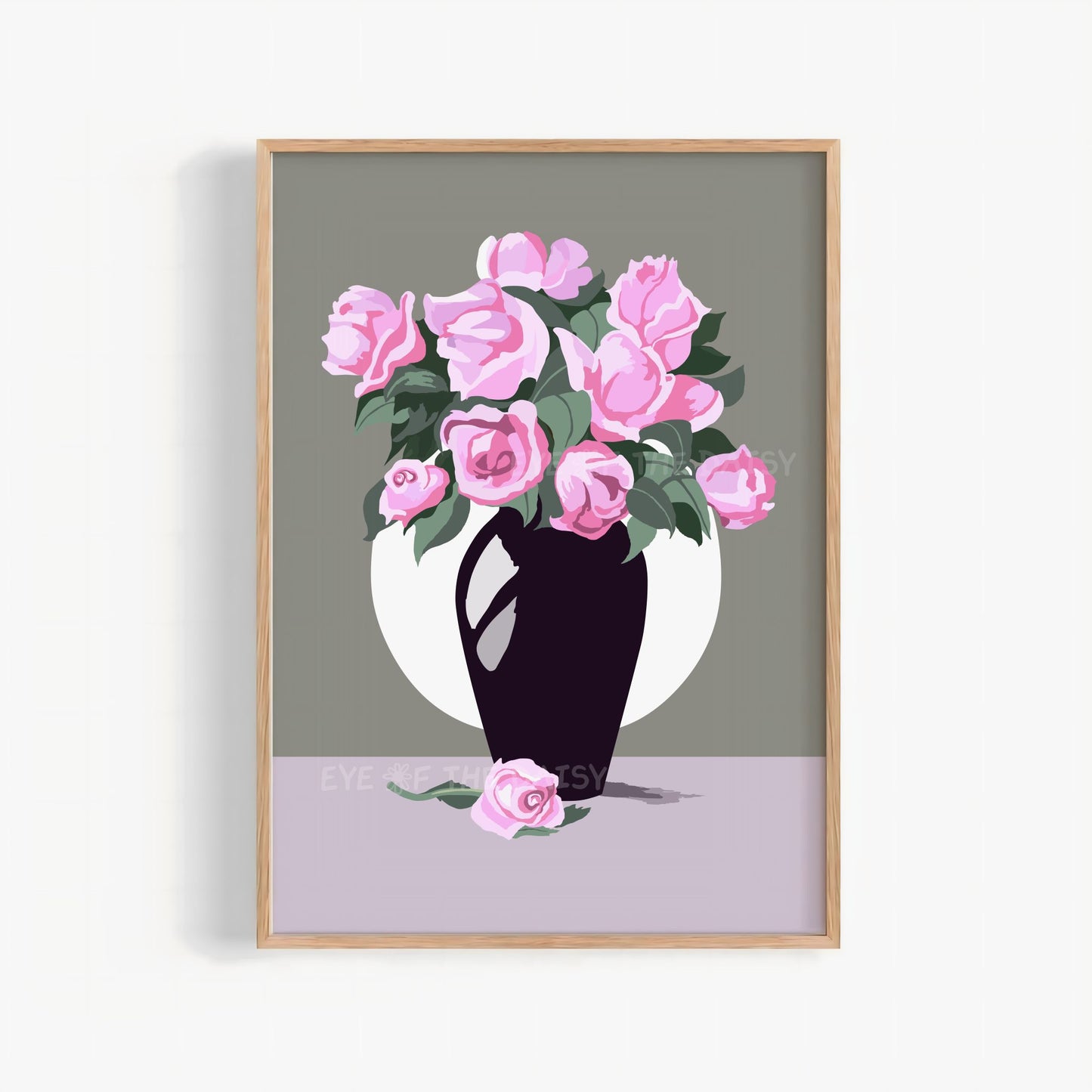 Modern vintage pink rose art print — hand-drawn floral vase illustration with white moon and grey backdrop. Instant digital download printable wall art