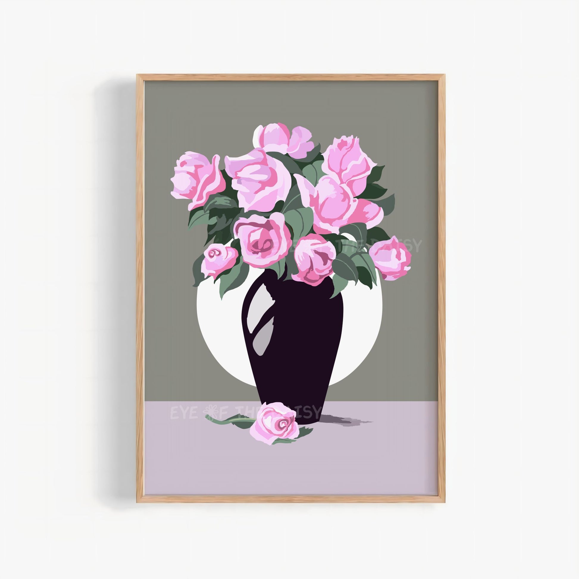 Modern vintage pink rose art print — hand-drawn floral vase illustration with white moon and grey backdrop. Instant digital download printable wall art