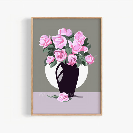 Modern vintage pink rose art print — hand-drawn floral vase illustration with white moon and grey backdrop. Instant digital download printable wall art
