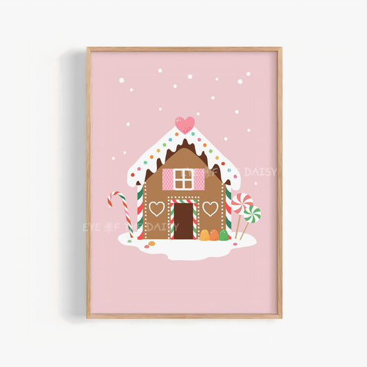 Christmas Gingerbread House Print Digital Download | Pink Holiday Printable Wall Art