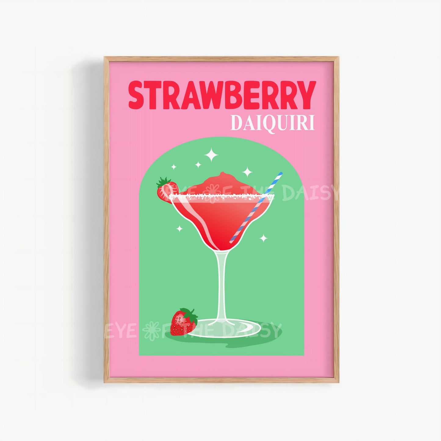 pink and green Strawberry Daiquiri retro cocktail print digital download for bar cart decor, hand drawn no AI