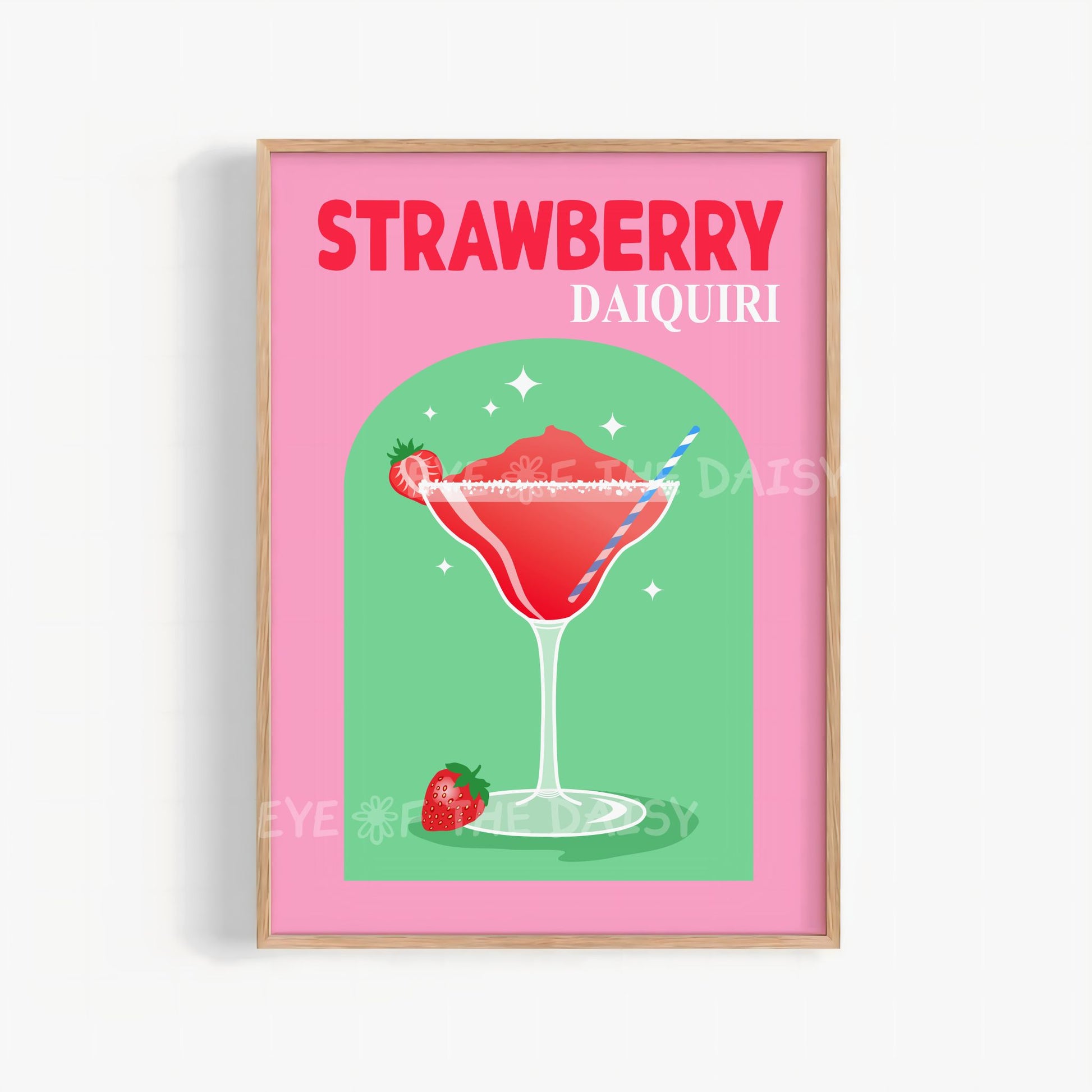 pink and green Strawberry Daiquiri retro cocktail print digital download for bar cart decor, hand drawn no AI