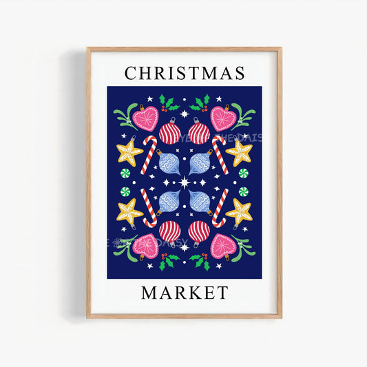 Christmas Market Digital Art Print | Nordic Folk Art Holiday Decor | Printable Wall Art