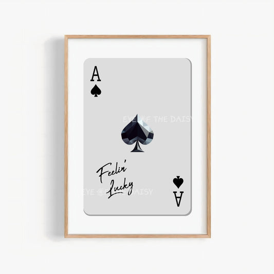 Jewel Ace of Spades print in black & grey, modern neutral wall art, trendy playing card "Feeling Lucky" poster instant download