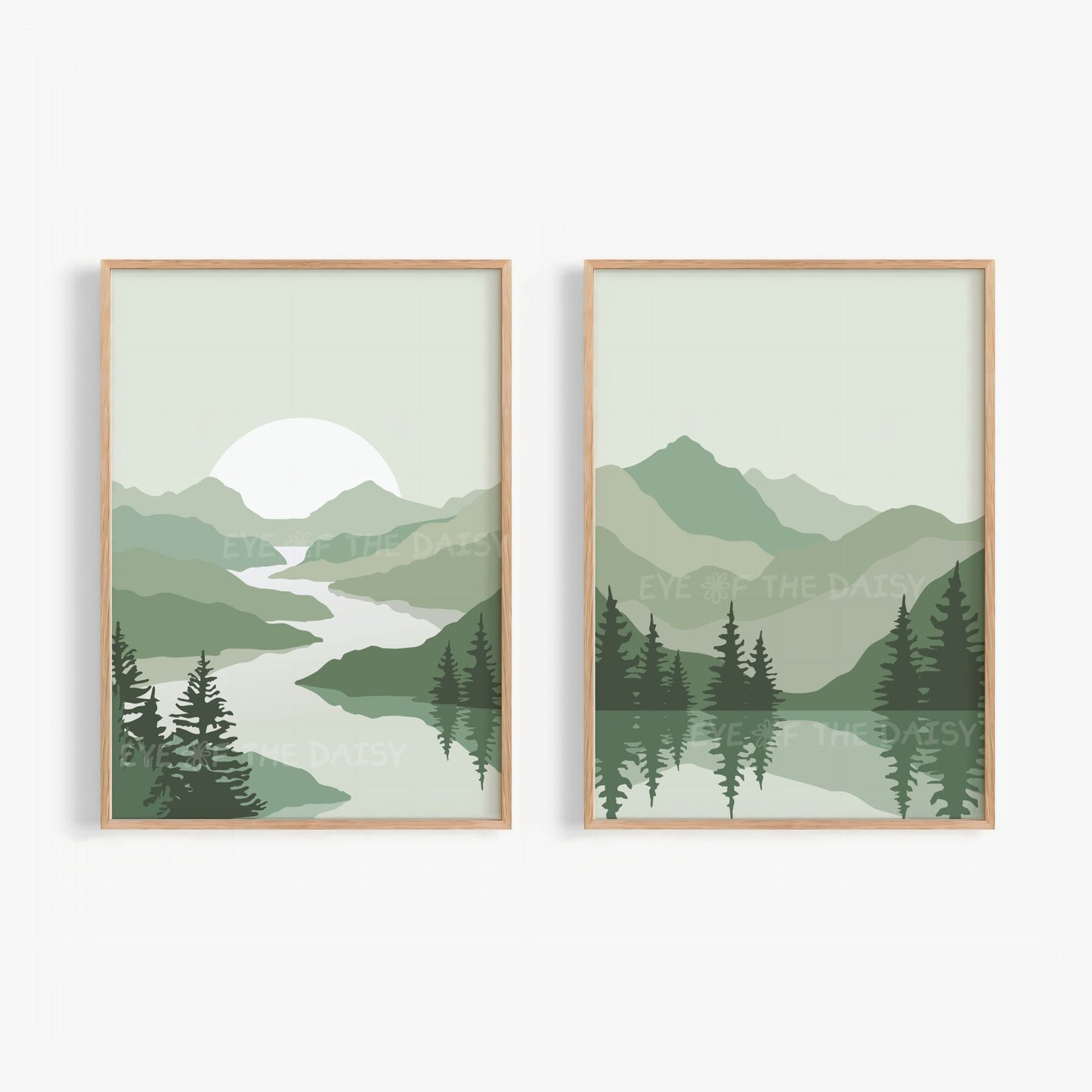 Minimalist mountain landscape printable set of 2 in sage green – mid century modern wall art, instant download, digital print decor