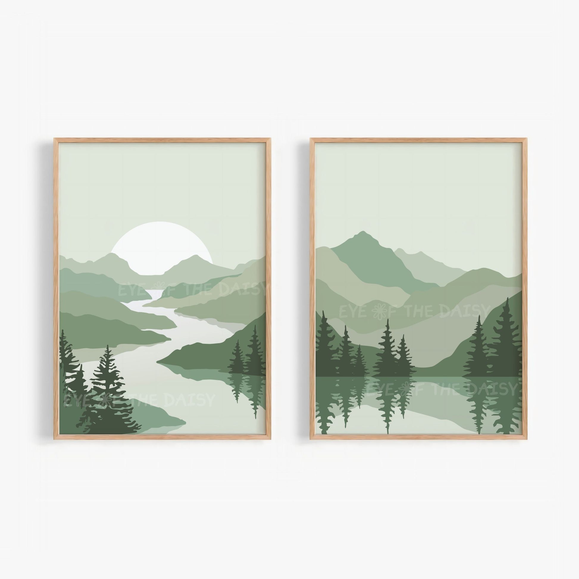 Minimalist mountain landscape printable set of 2 in sage green – mid century modern wall art, instant download, digital print decor