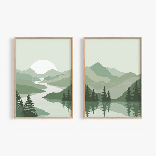 Minimalist mountain landscape printable set of 2 in sage green – mid century modern wall art, instant download, digital print decor