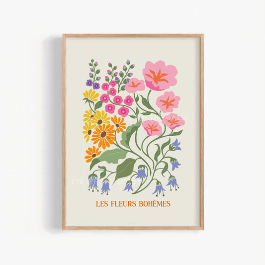 "Les Fleurs" print showing colorful abstract floral illustration with intertwining flowers leaves and stems