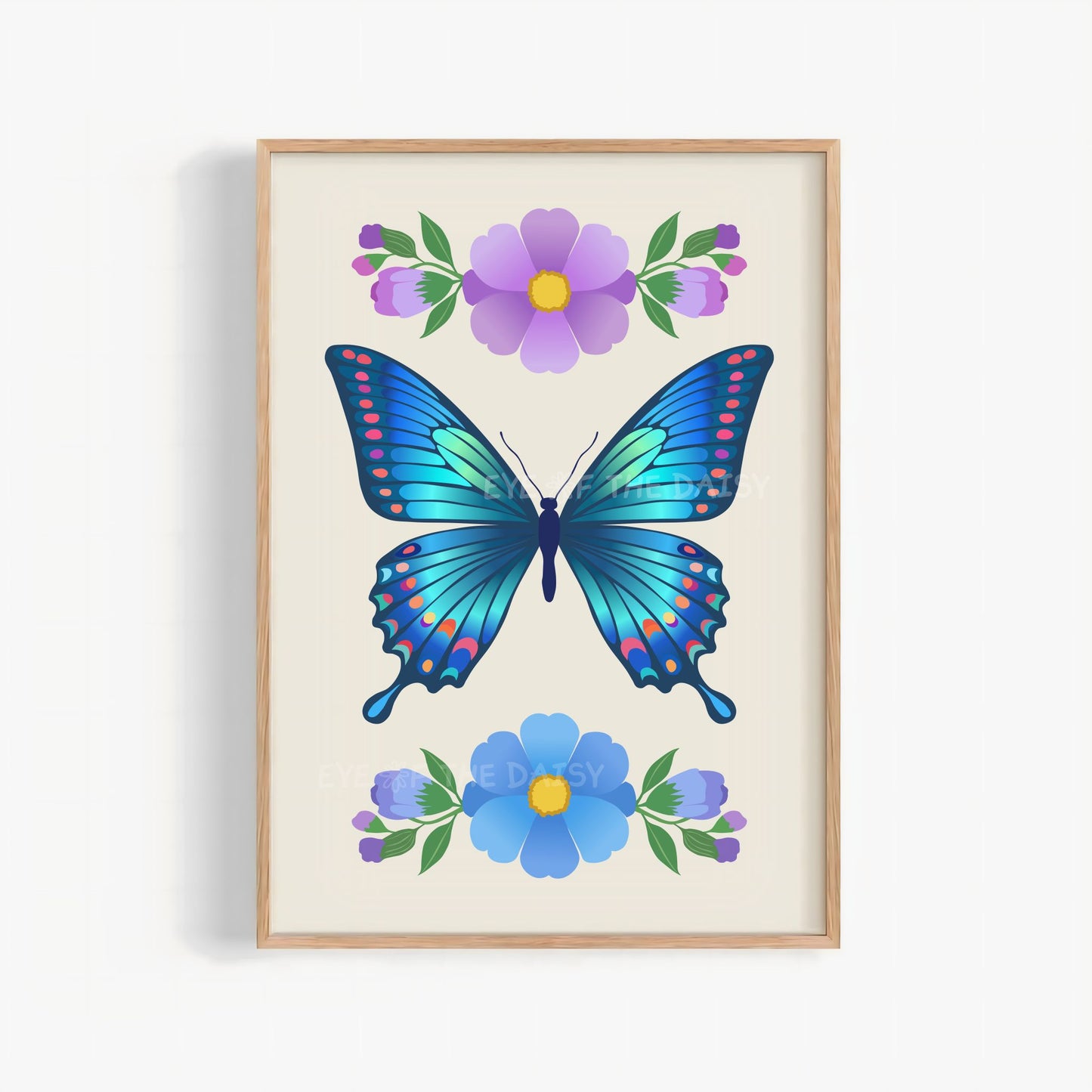 Blue butterfly print with blue and purple abstract flowers on beige, beautiful butterfly floral printable wall art