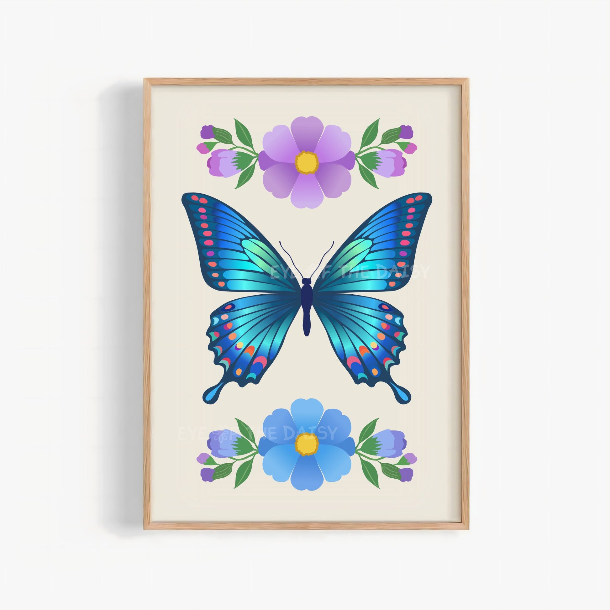 Blue butterfly print with blue and purple abstract flowers on beige, beautiful butterfly floral printable wall art