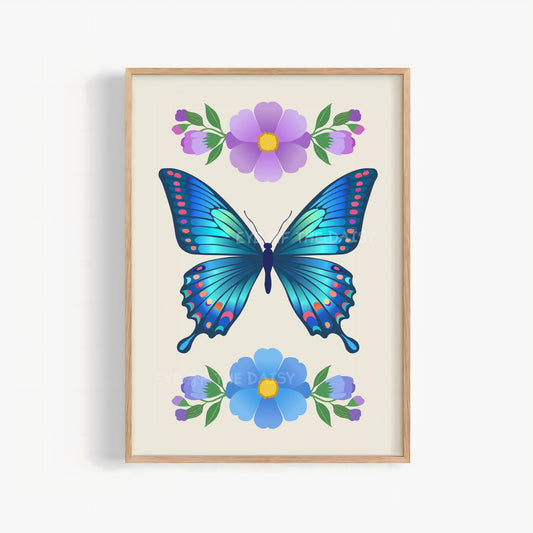 Blue butterfly print with blue and purple abstract flowers on beige, beautiful butterfly floral printable wall art