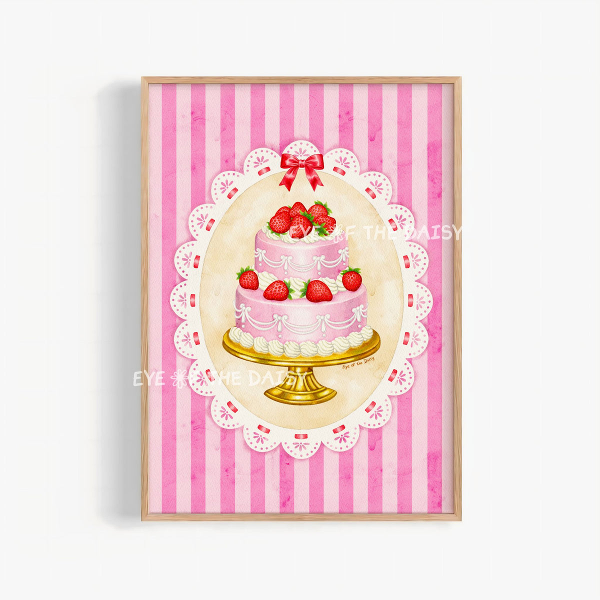 Coquette printable wall art for the kitchen featuring a pink strawberry cake print digital download