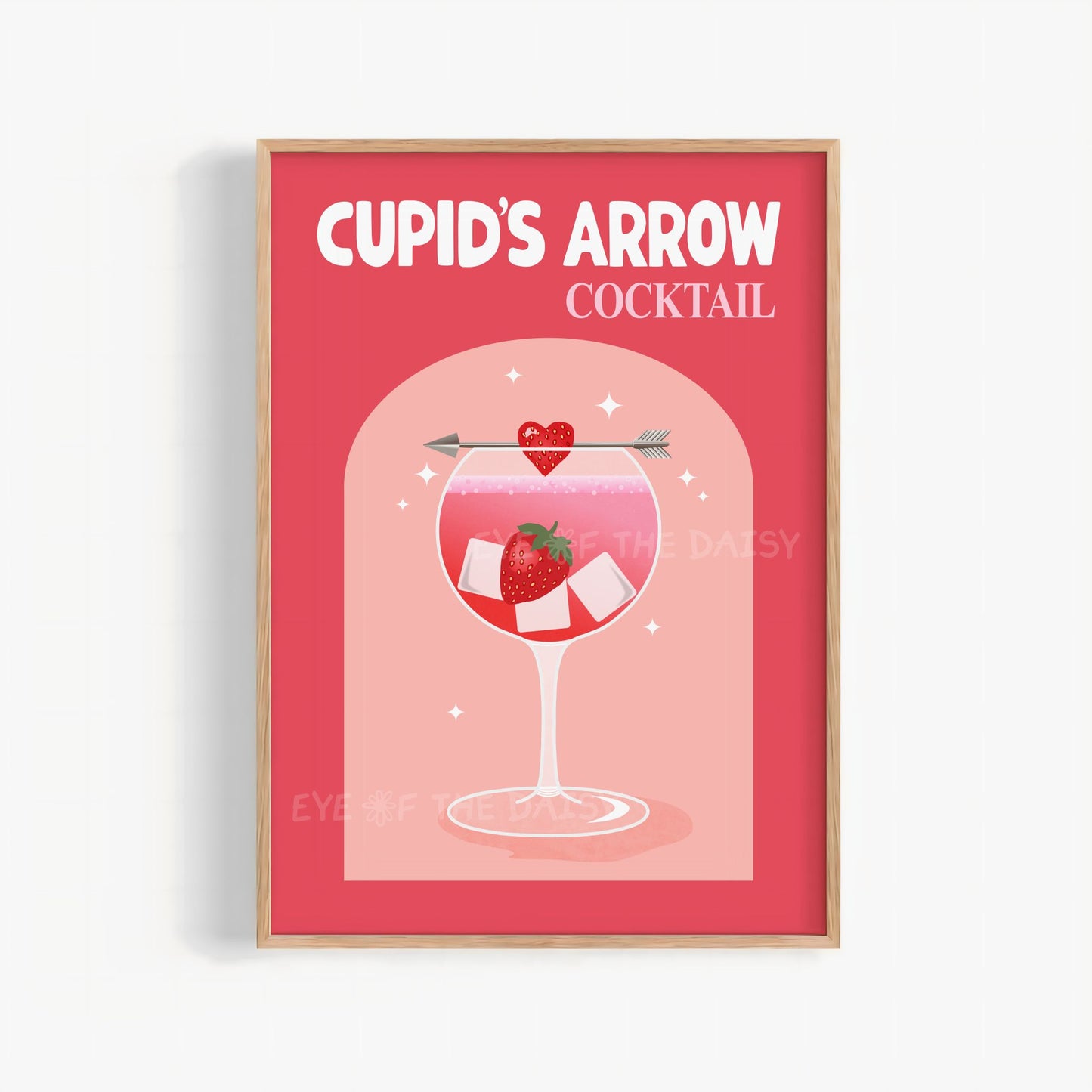 Cupid’s Arrow cocktail printable wall art, retro bar cart poster in red and pink tones