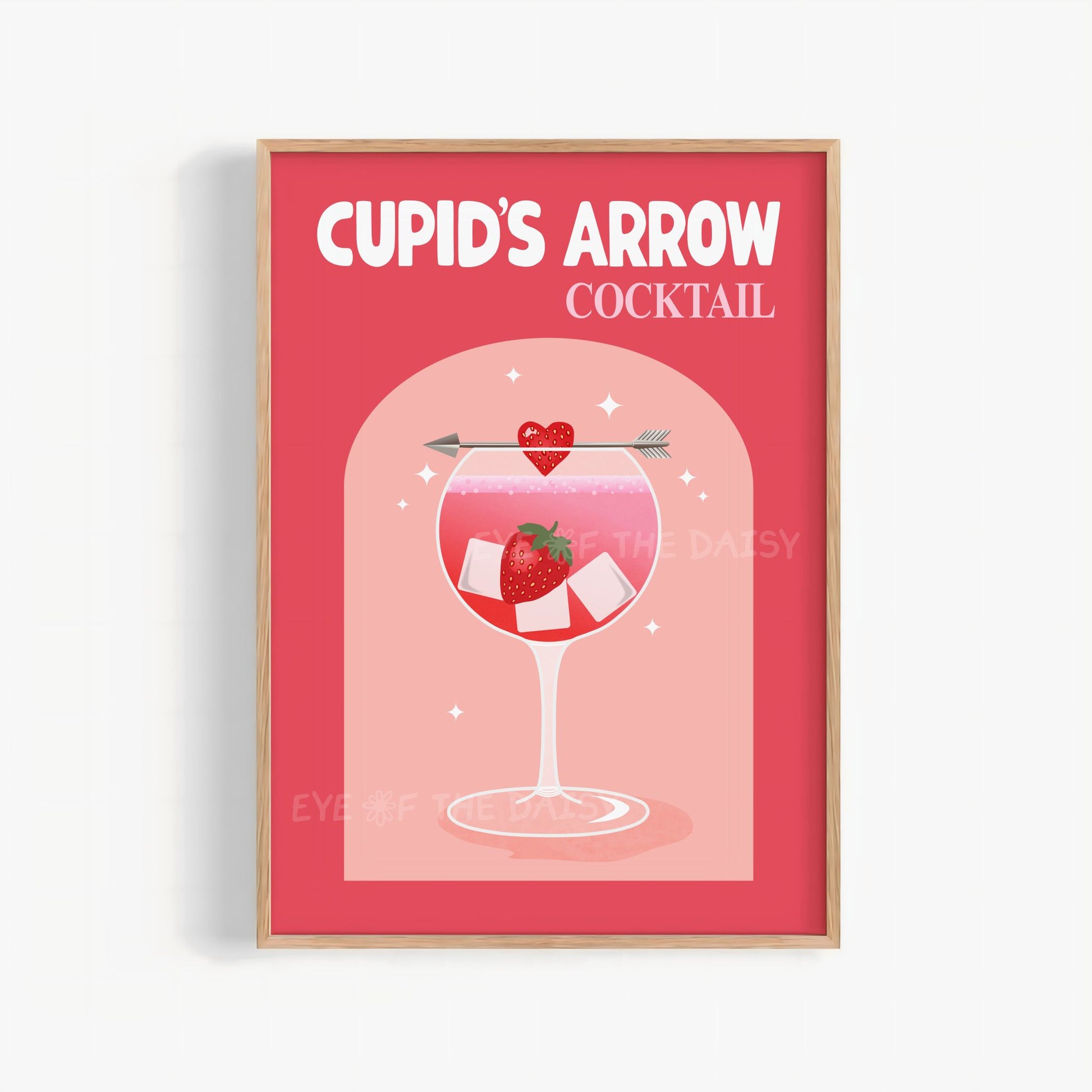 Cupid’s Arrow cocktail printable wall art, retro bar cart poster in red and pink tones